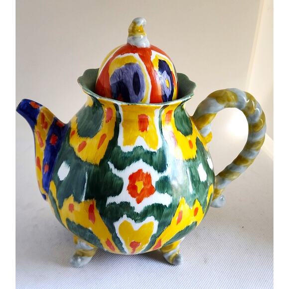 TEAPOT/ANTHROPOLOGY-Blackbird-Green-Yellow-"Tie Dye" Design-Hand Painted-4 cups - Picture 10 of 14